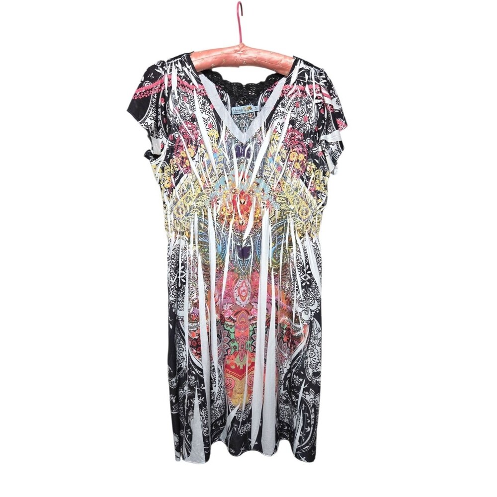 Y2K Unity World Wear Black Lace Trim Paisley Boho Print V-Neck Dress Size Medium